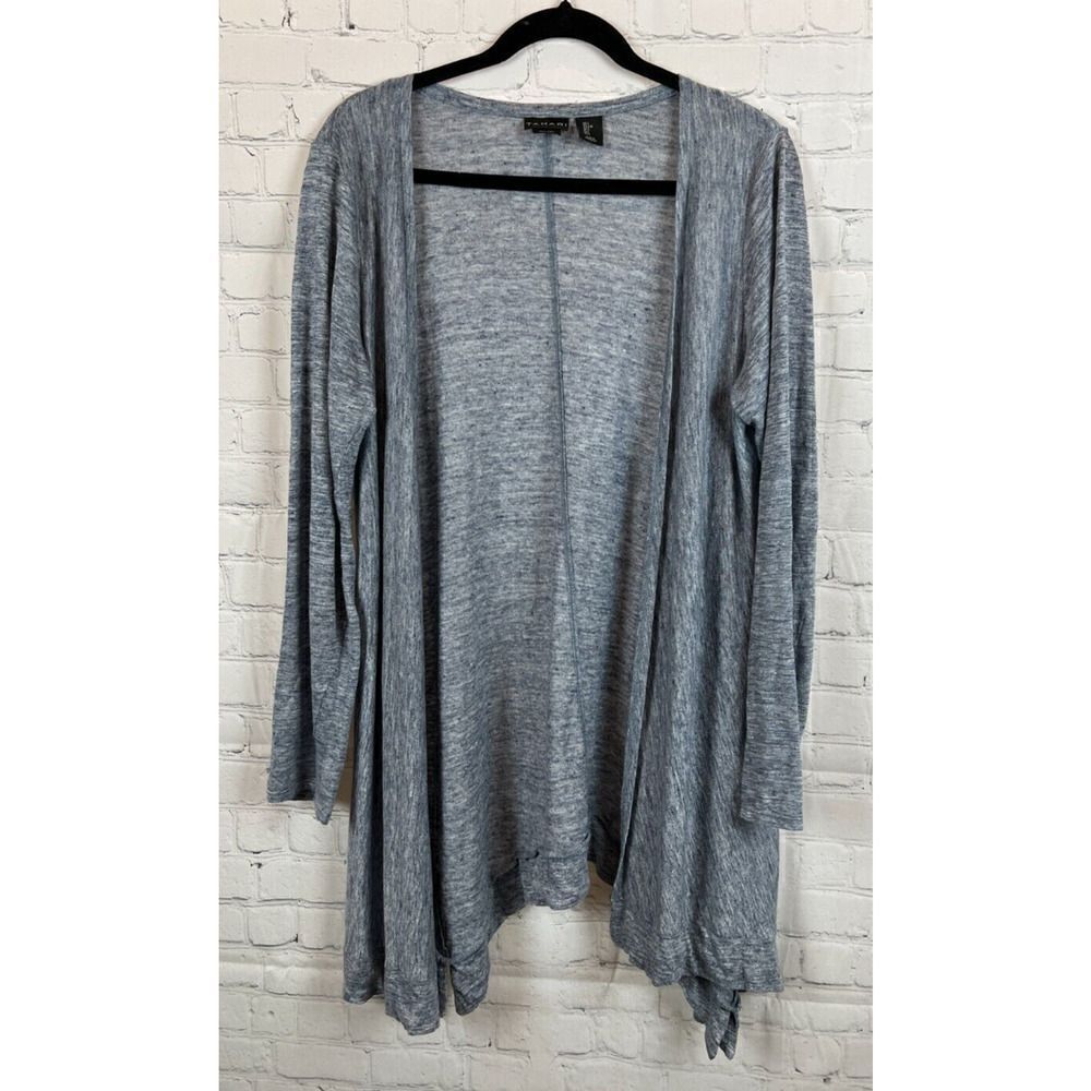 TAHARI blue gray linen knit open front cardigan sweater size L
